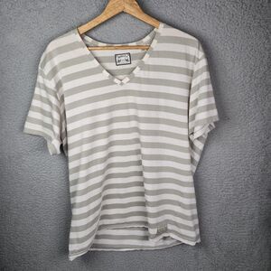 DieSel-Co Women T Shirt XXL Gray Cream Striped V Neck Soft Cotton Casual Neutral
